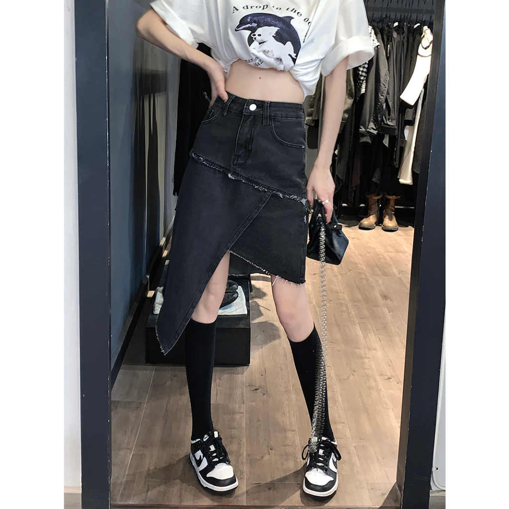 Lalisas Chân váy jean Chữ A Eo Cao Vừa Vặn Ghép Nối Thiết Kế Không Đều Cá Tính Phong Cách retro