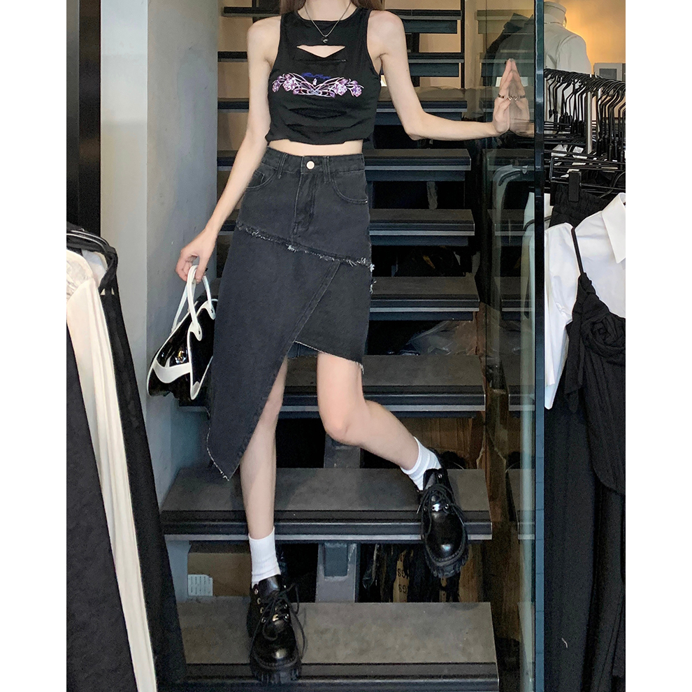 Lalisas Chân váy jean Chữ A Eo Cao Vừa Vặn Ghép Nối Thiết Kế Không Đều Cá Tính Phong Cách retro