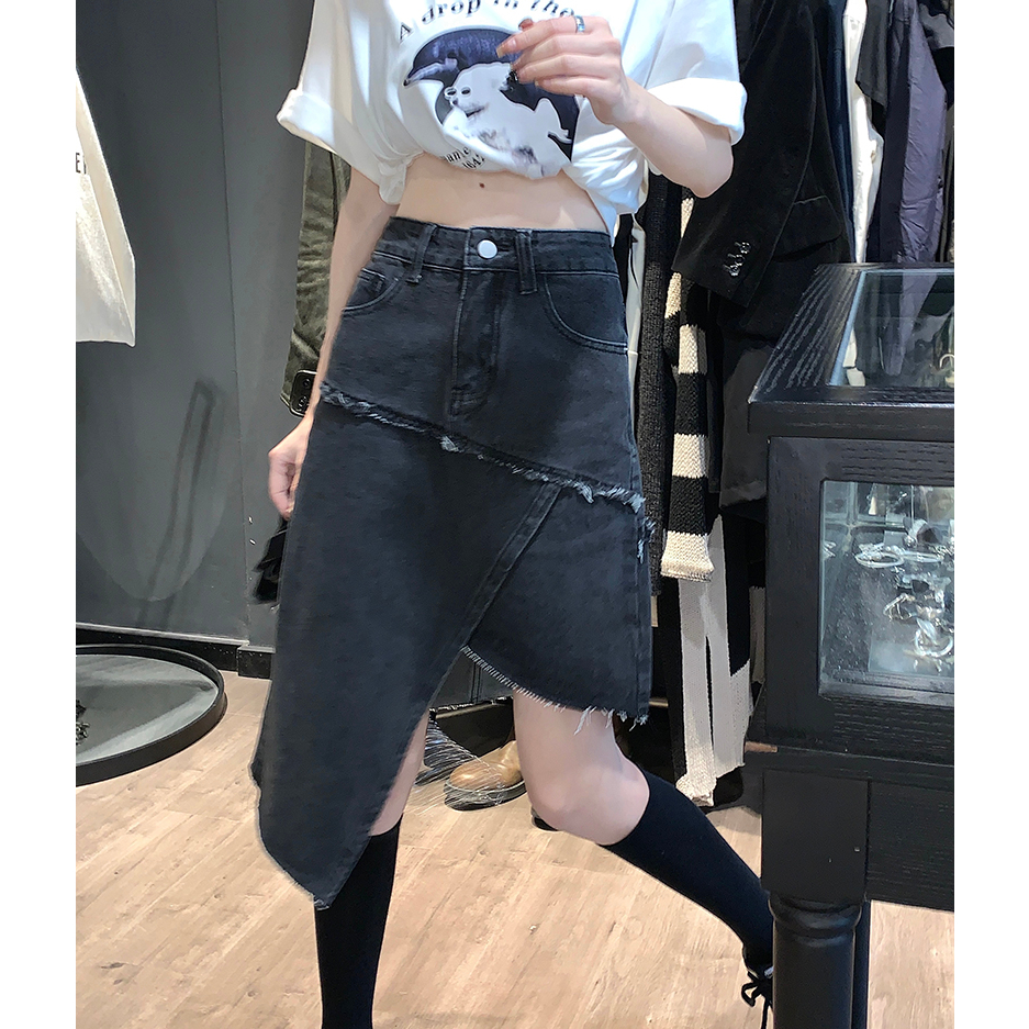 Lalisas Chân váy jean Chữ A Eo Cao Vừa Vặn Ghép Nối Thiết Kế Không Đều Cá Tính Phong Cách retro