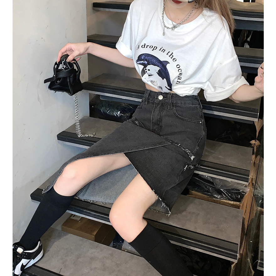 Lalisas Chân váy jean Chữ A Eo Cao Vừa Vặn Ghép Nối Thiết Kế Không Đều Cá Tính Phong Cách retro