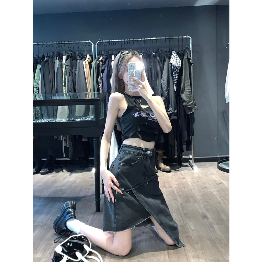 Lalisas Chân váy jean Chữ A Eo Cao Vừa Vặn Ghép Nối Thiết Kế Không Đều Cá Tính Phong Cách retro