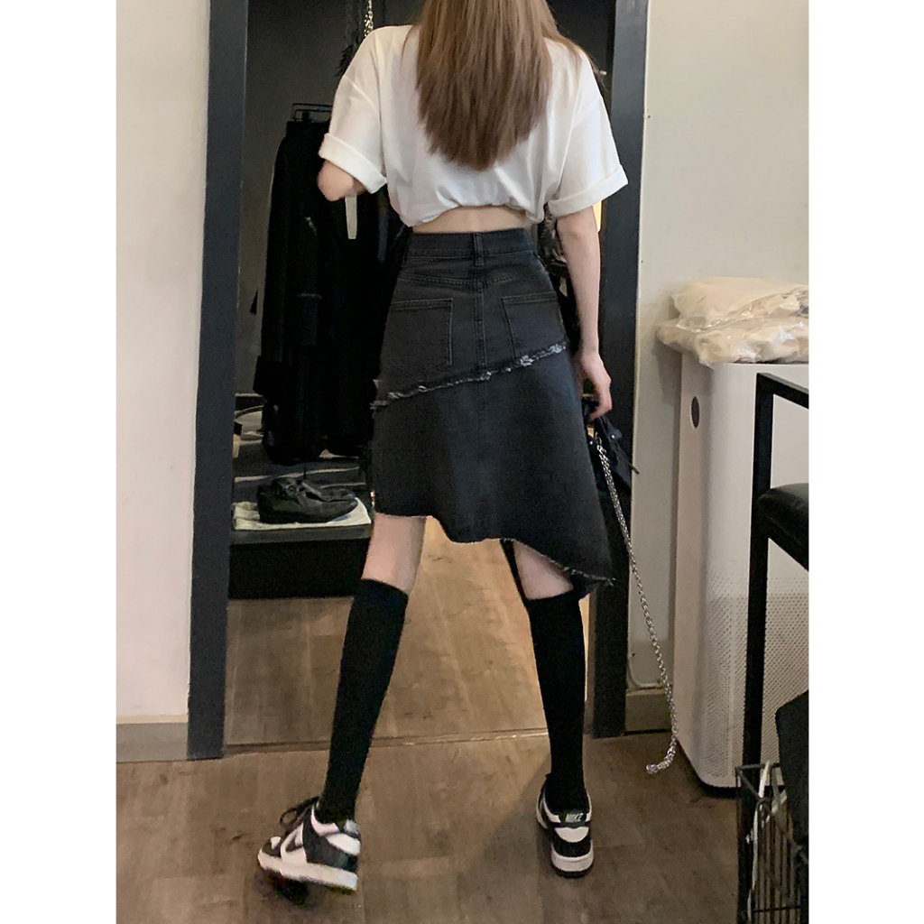 Lalisas Chân váy jean Chữ A Eo Cao Vừa Vặn Ghép Nối Thiết Kế Không Đều Cá Tính Phong Cách retro