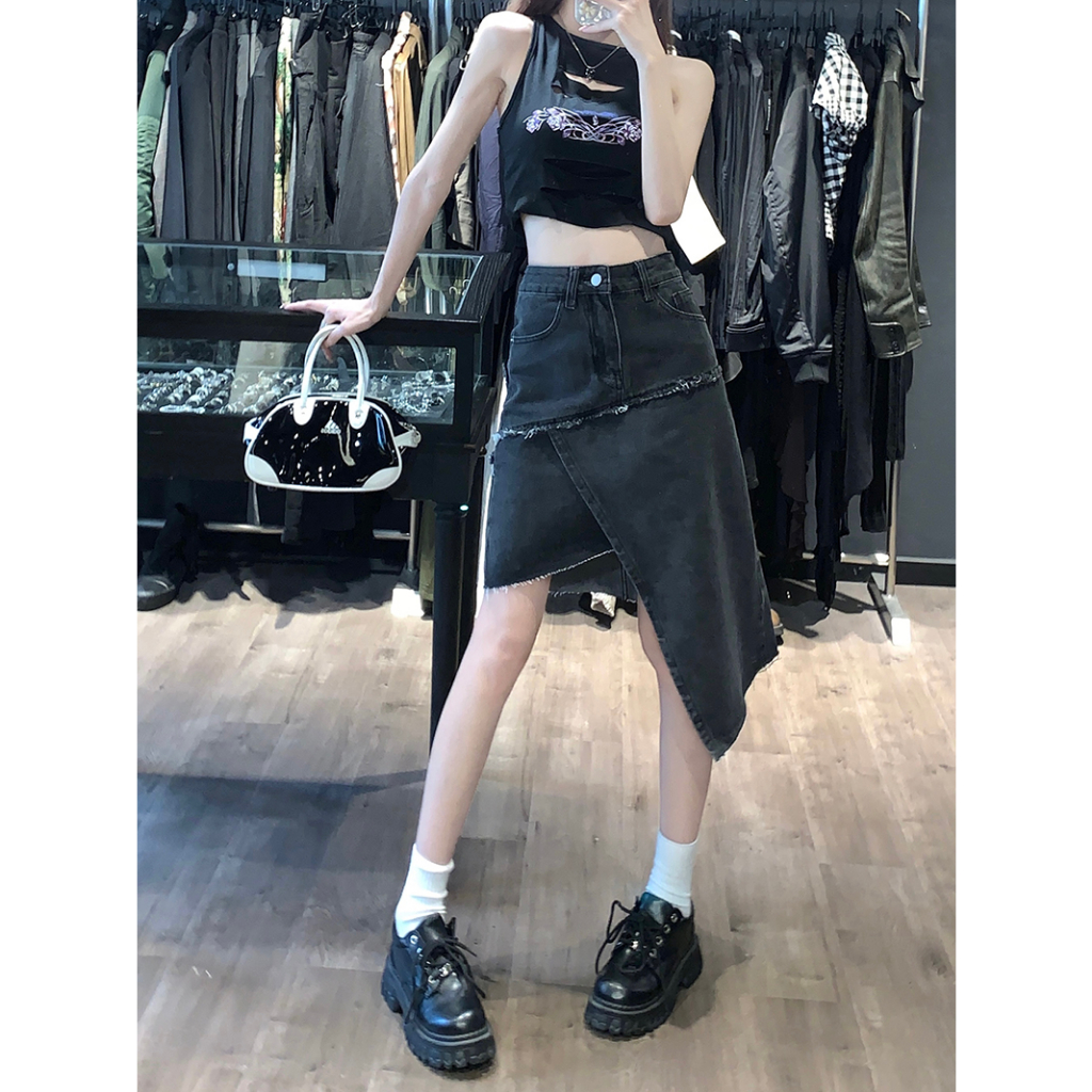 Lalisas Chân váy jean Chữ A Eo Cao Vừa Vặn Ghép Nối Thiết Kế Không Đều Cá Tính Phong Cách retro