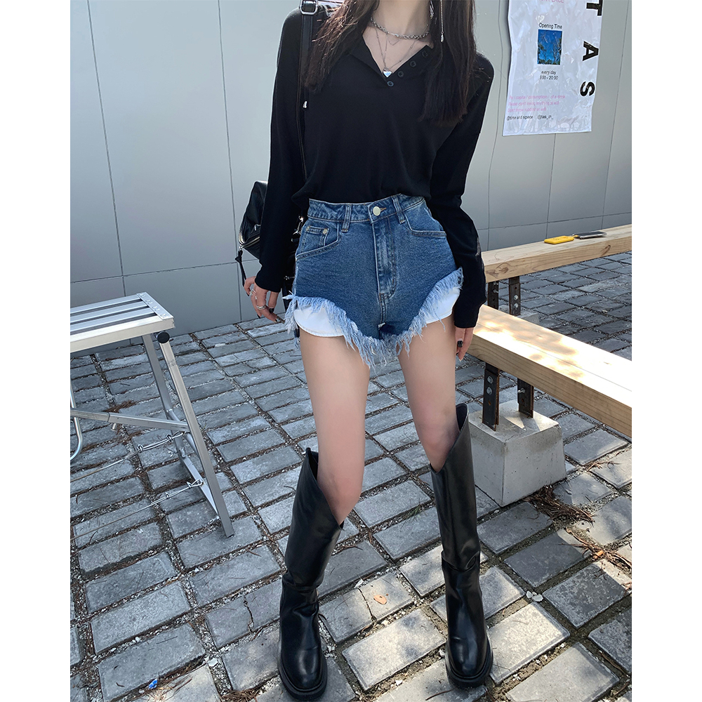 Lalisas Quần Short denim Lưng Cao Dáng Chữ A Ôm Hông Thiết Kế Xẻ Rách Thiết Kế niche Đơn Giản Cho Nữ