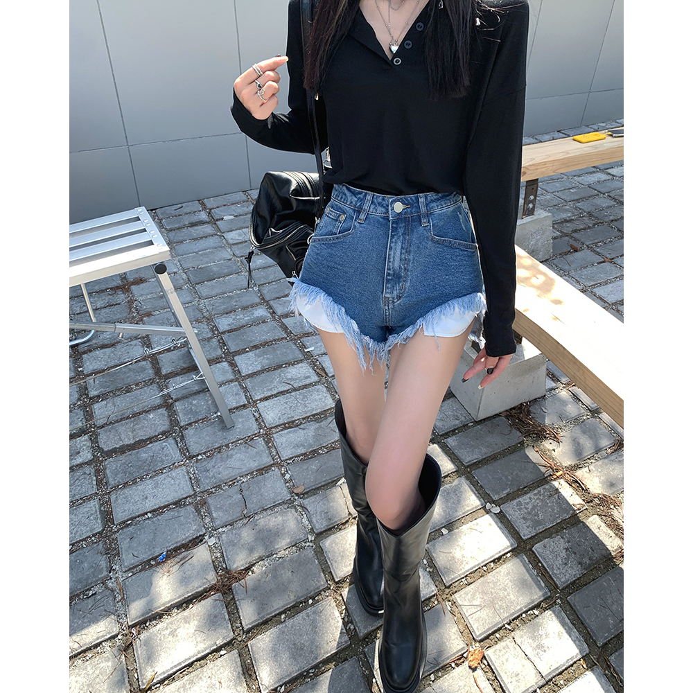 Lalisas Quần Short denim Lưng Cao Dáng Chữ A Ôm Hông Thiết Kế Xẻ Rách Thiết Kế niche Đơn Giản Cho Nữ