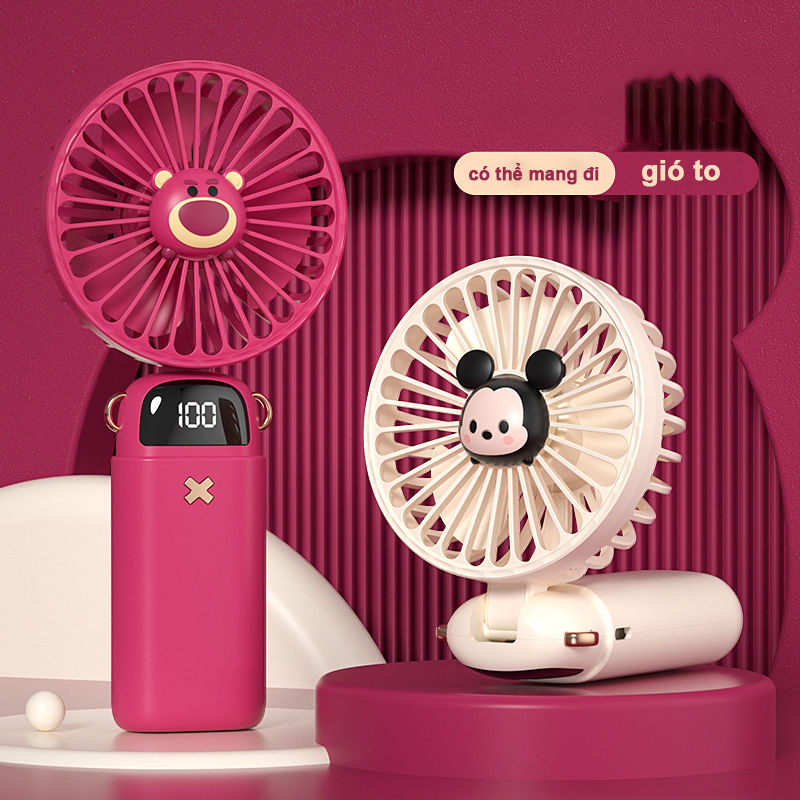 Quạt Cầm Tay Mini  USB Sạc Có Đế Để Bàn Gấu Dâu Tây Disney Đáng Yêu