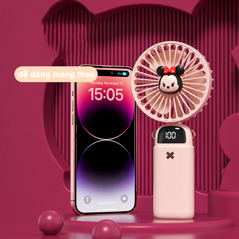 Quạt Cầm Tay Mini  USB Sạc Có Đế Để Bàn Gấu Dâu Tây Disney Đáng Yêu