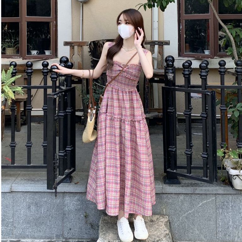 Đầm Hai Dây Ôm Eo Xếp Ly Kẻ Sọc Caro Phong Cách Cổ Điển Mẫu Mới 2023 Thời Trang Mùa Hè Dành Cho Bạn Nữ