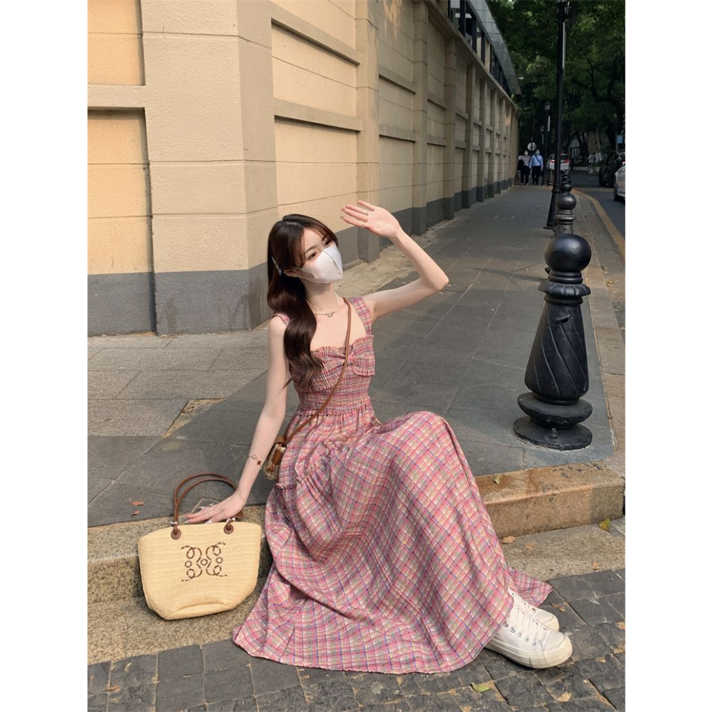 Đầm Hai Dây Ôm Eo Xếp Ly Kẻ Sọc Caro Phong Cách Cổ Điển Mẫu Mới 2023 Thời Trang Mùa Hè Dành Cho Bạn Nữ