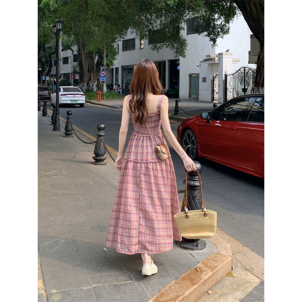 Đầm Hai Dây Ôm Eo Xếp Ly Kẻ Sọc Caro Phong Cách Cổ Điển Mẫu Mới 2023 Thời Trang Mùa Hè Dành Cho Bạn Nữ