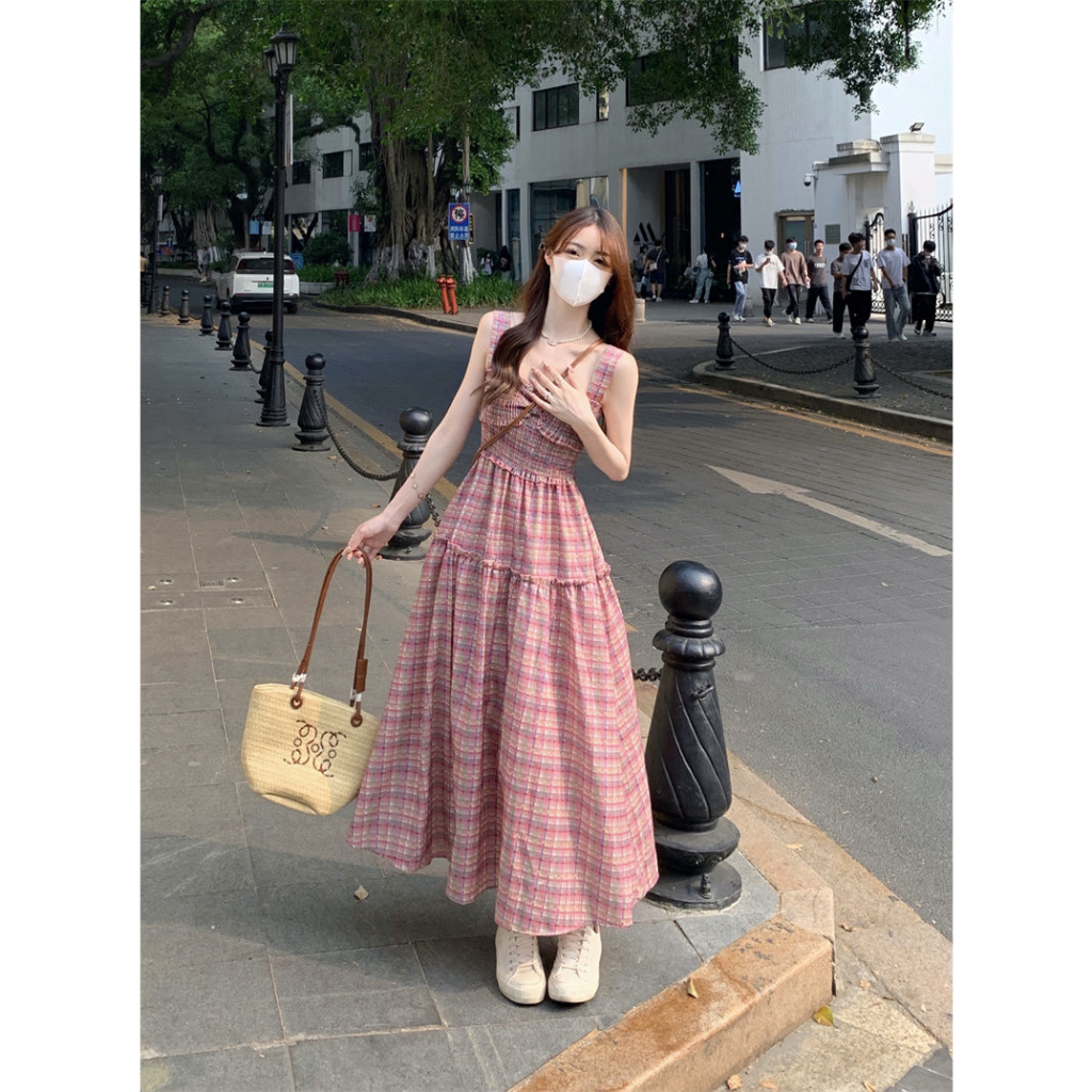 Đầm Hai Dây Ôm Eo Xếp Ly Kẻ Sọc Caro Phong Cách Cổ Điển Mẫu Mới 2023 Thời Trang Mùa Hè Dành Cho Bạn Nữ