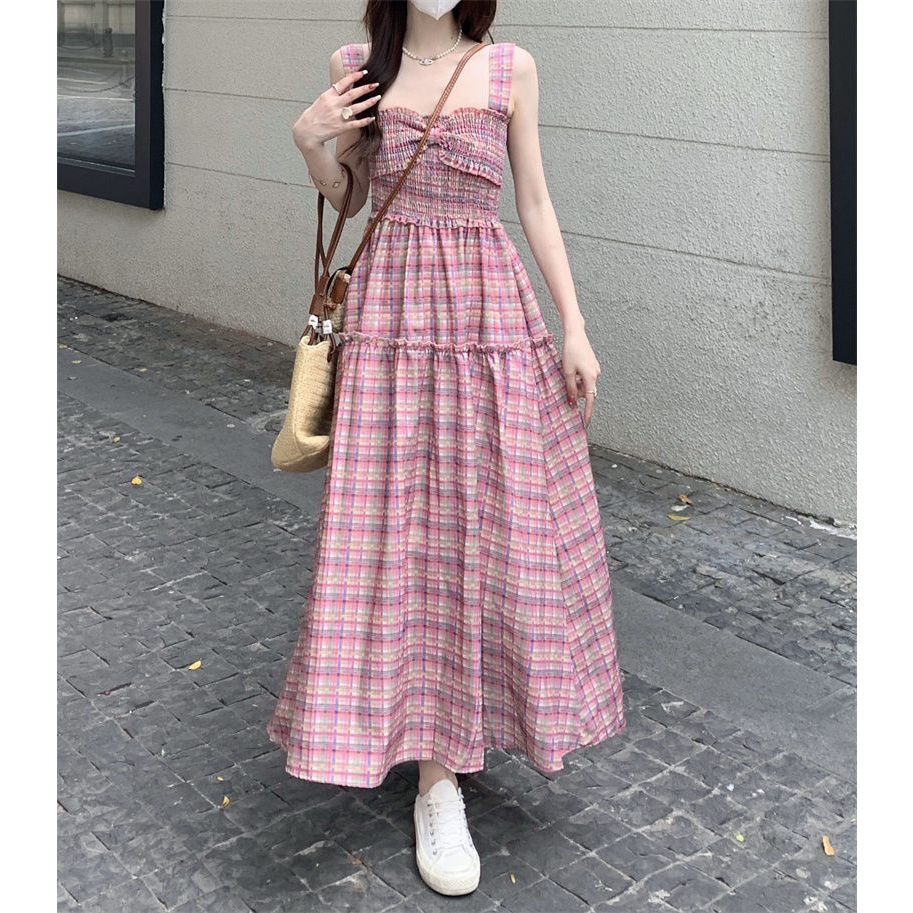 Đầm Hai Dây Ôm Eo Xếp Ly Kẻ Sọc Caro Phong Cách Cổ Điển Mẫu Mới 2023 Thời Trang Mùa Hè Dành Cho Bạn Nữ