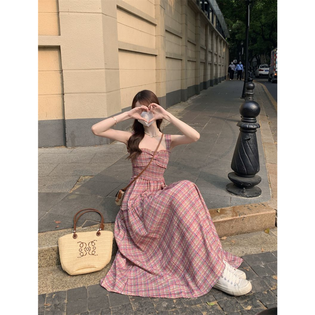 Đầm Hai Dây Ôm Eo Xếp Ly Kẻ Sọc Caro Phong Cách Cổ Điển Mẫu Mới 2023 Thời Trang Mùa Hè Dành Cho Bạn Nữ