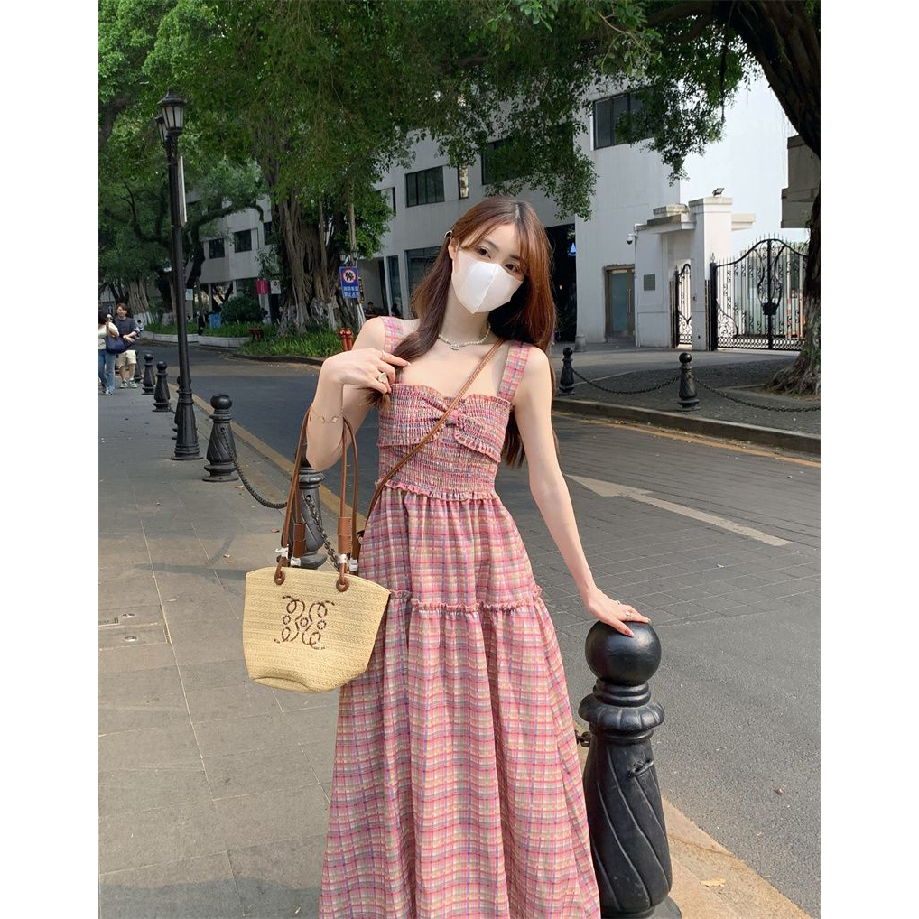 Đầm Hai Dây Ôm Eo Xếp Ly Kẻ Sọc Caro Phong Cách Cổ Điển Mẫu Mới 2023 Thời Trang Mùa Hè Dành Cho Bạn Nữ