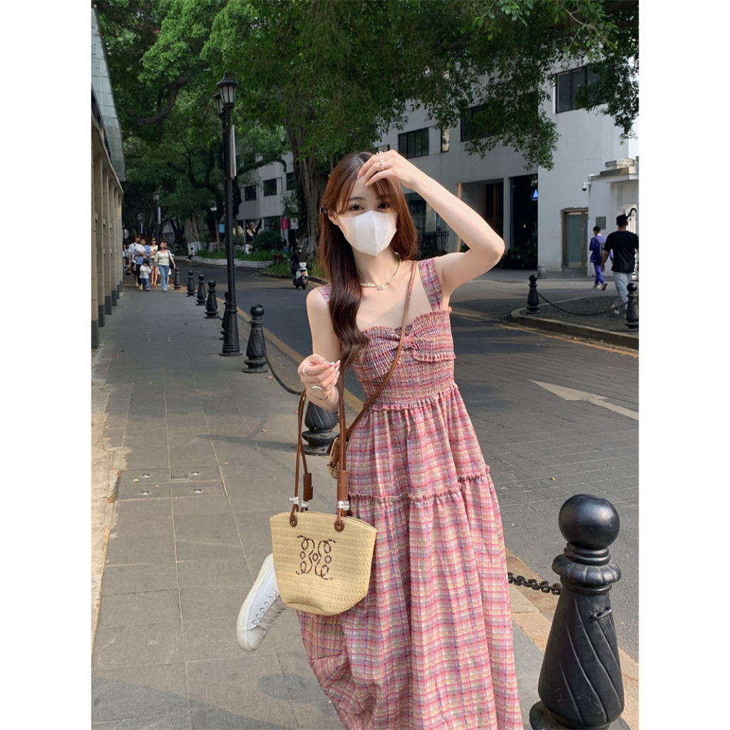 Đầm Hai Dây Ôm Eo Xếp Ly Kẻ Sọc Caro Phong Cách Cổ Điển Mẫu Mới 2023 Thời Trang Mùa Hè Dành Cho Bạn Nữ