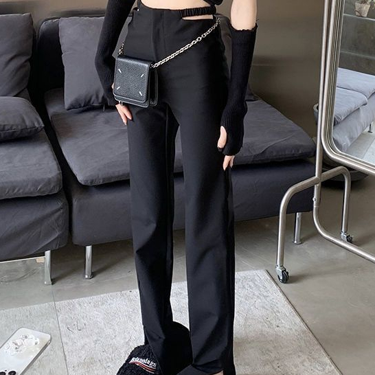 Jiashucheng Quần Dài Ống Rộng Xẻ Tà Lưng Cao Màu Đen Thời Trang Mùa Hè Cho Nữ