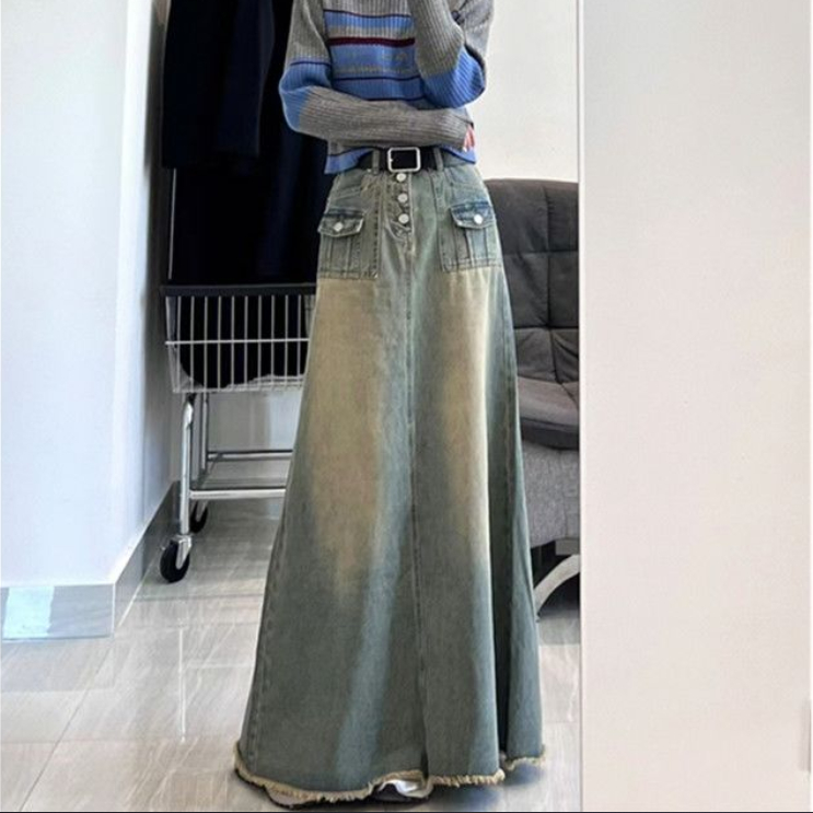 Jiashucheng Chân Váy Denim Dài Lưng Cao Kiểu Retro Mỹ Dễ Phối Đồ Cho Nữ