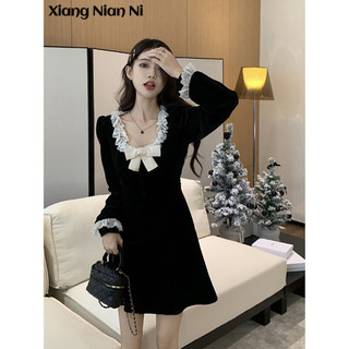Xiang Nian Ni Đầm Nhung Ngắn Phối Ren Màu Vàng Đen Đính Nơ Phong Cách retro Pháp Chất Lượng Cao Mùa Xuân Thu Dành Cho Bạn Nữ