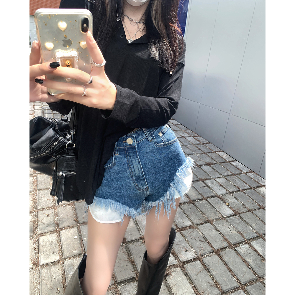 Lalisas Quần Short denim Lưng Cao Dáng Chữ A Ôm Hông Thiết Kế Xẻ Rách Thiết Kế niche Đơn Giản Cho Nữ