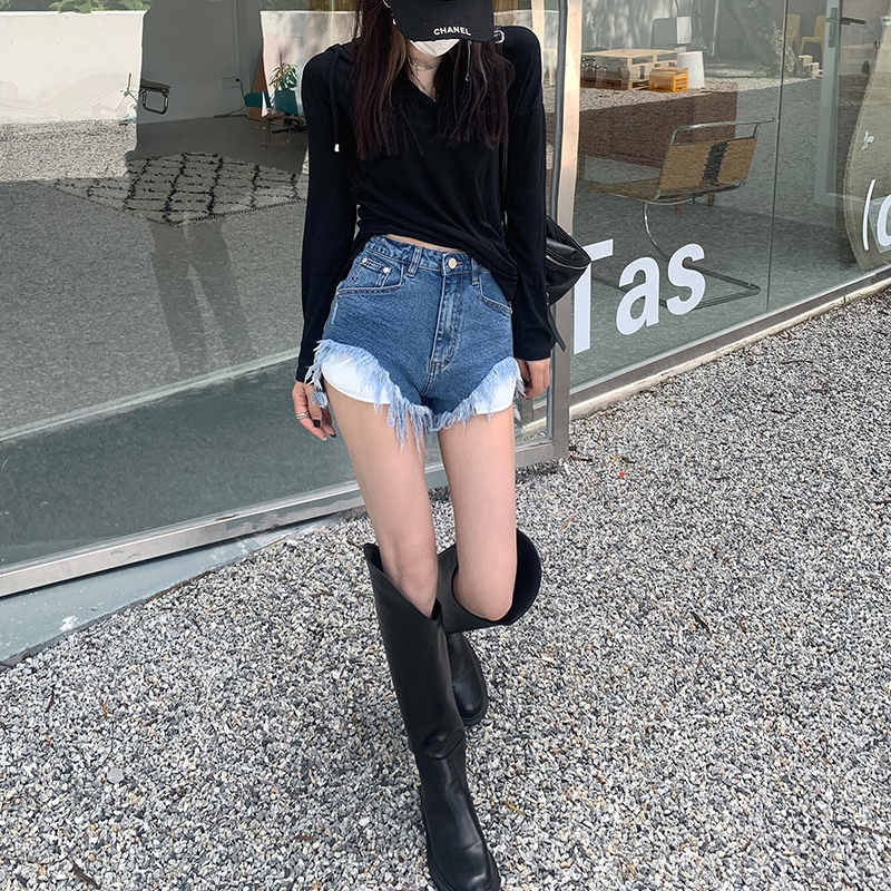 Lalisas Quần Short denim Lưng Cao Dáng Chữ A Ôm Hông Thiết Kế Xẻ Rách Thiết Kế niche Đơn Giản Cho Nữ