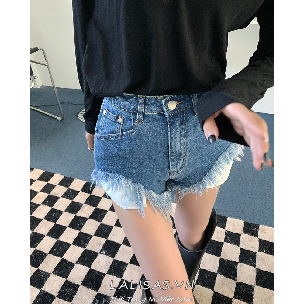 Lalisas Quần Short denim Lưng Cao Dáng Chữ A Ôm Hông Thiết Kế Xẻ Rách Thiết Kế niche Đơn Giản Cho Nữ