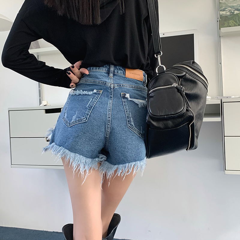 Lalisas Quần Short denim Lưng Cao Dáng Chữ A Ôm Hông Thiết Kế Xẻ Rách Thiết Kế niche Đơn Giản Cho Nữ