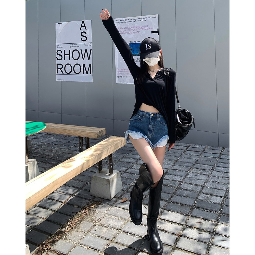 Lalisas Quần Short denim Lưng Cao Dáng Chữ A Ôm Hông Thiết Kế Xẻ Rách Thiết Kế niche Đơn Giản Cho Nữ