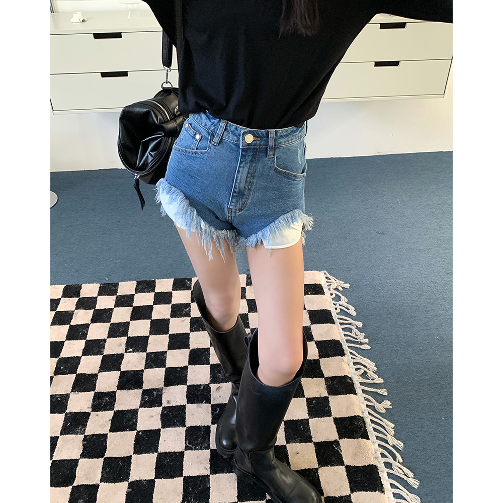 Lalisas Quần Short denim Lưng Cao Dáng Chữ A Ôm Hông Thiết Kế Xẻ Rách Thiết Kế niche Đơn Giản Cho Nữ