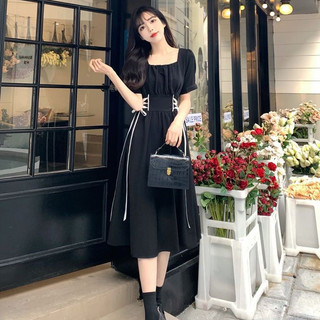 French Style Summer Fashion Square Collar Long Dress for Women