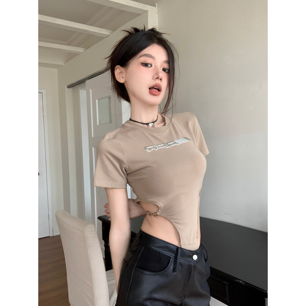 Áo Thun Tay Ngắn Thiết Kế Kim Loại Mỏng Quyến Rũ Thời Trang