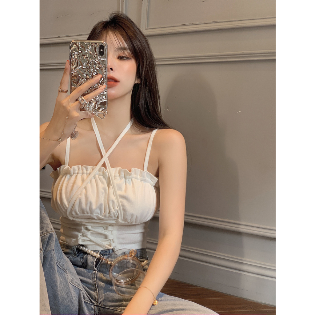 「MANSA」Áo Croptop Hai Dây Dáng Ôm Gợi Cảm Thời Trang Mùa Hè Hàn Quốc Mới