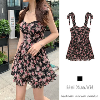 LANJIEXI Đầm Ngắn Hai Dây Thắt Nơ Eo Họa Tiết Hoa Phong Cách Mới Dành Cho Nữ