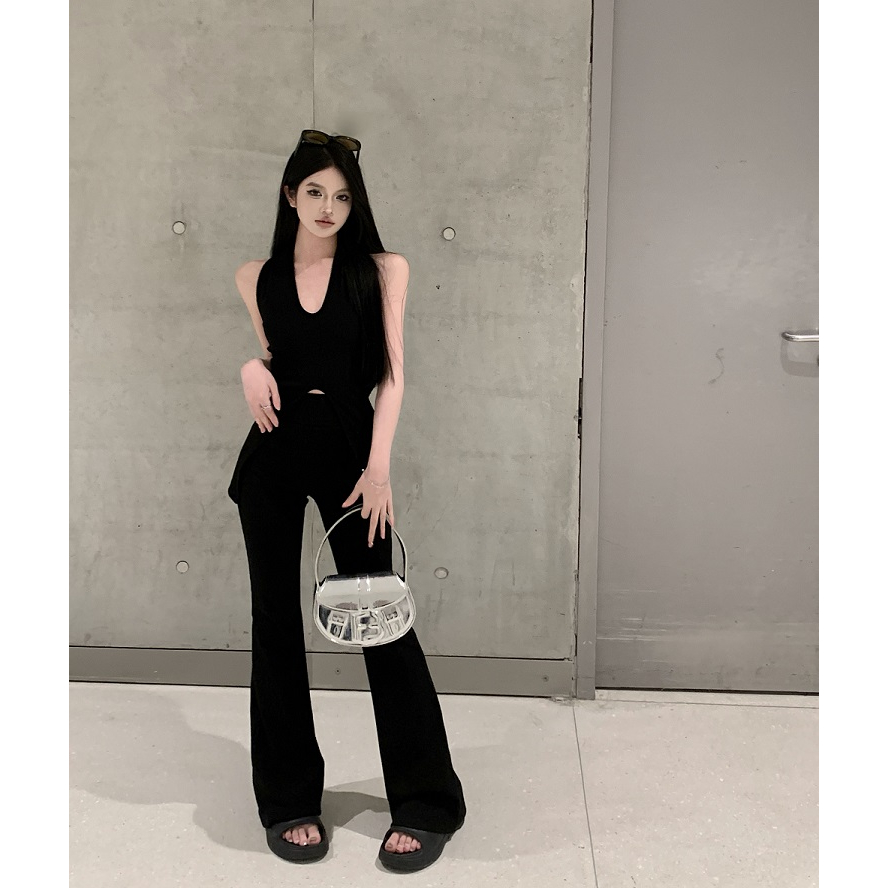 【COLORBLLIND】Set Áo Hai Dây Dệt Kim Co Giãn Màu Đen + Quần Dài Ống Loe Màu Đen Thời Trang
