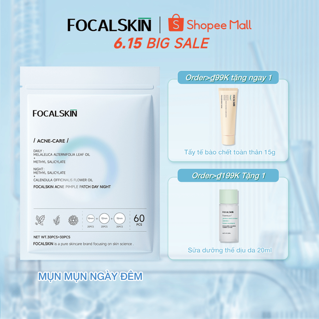 FOCALSKIN Bộ 60 Miếng Dán Mụn Ngày và Đêm Chống Nước Kiểm Soát Dầu