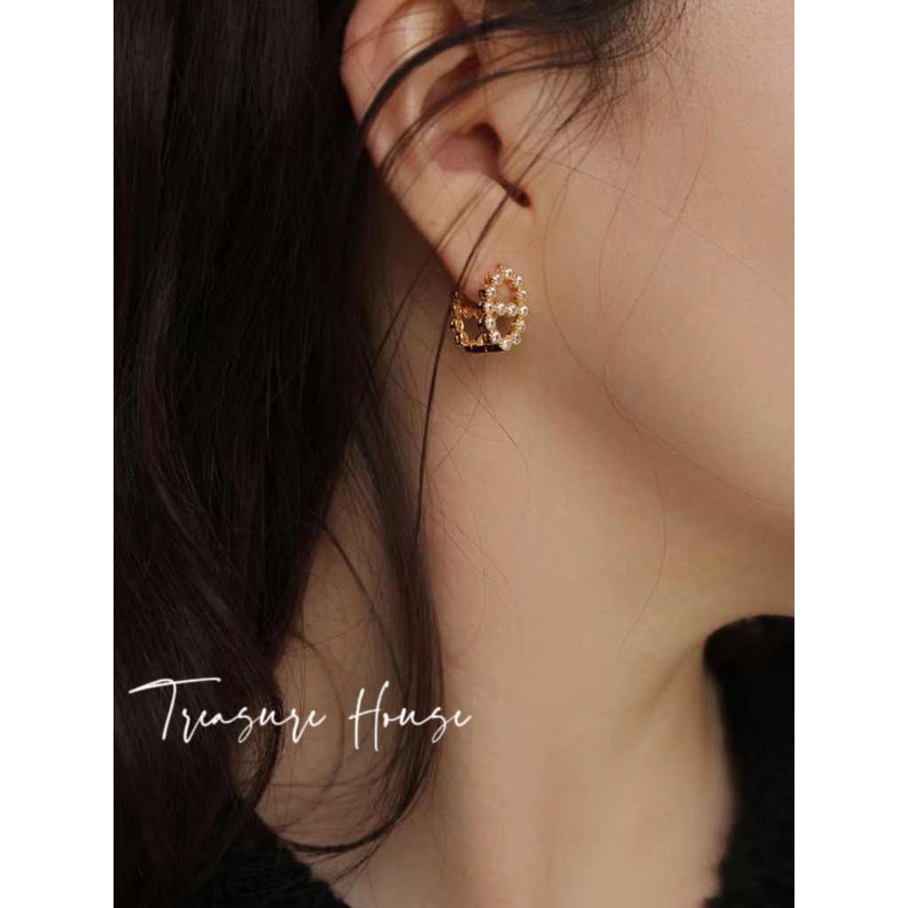 Bông Tai Mạ Bạc 925 Hình Tròn Đính Kim Cương Giả Sang Trọng