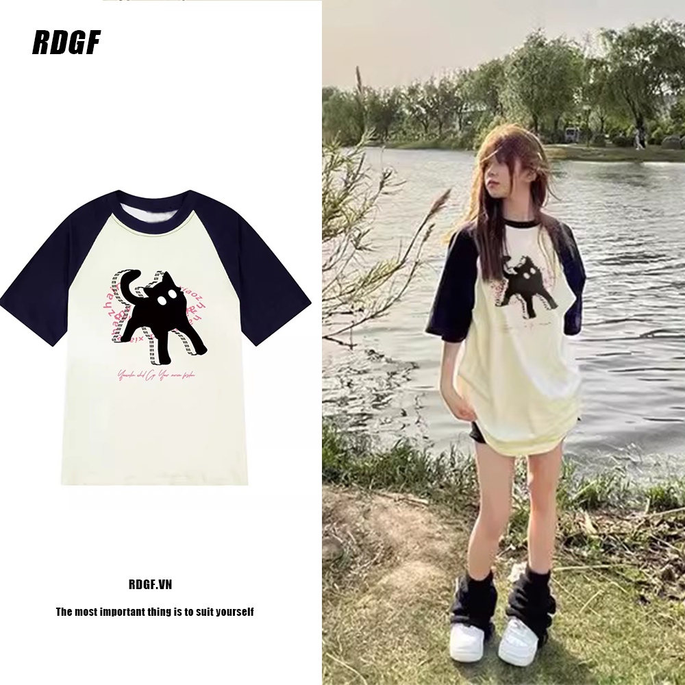 Áo Thun Cotton Cổ Tròn Tay Ngắn Dáng Rộng Màu Xanh Mơ Thời Trang Cho Nữ