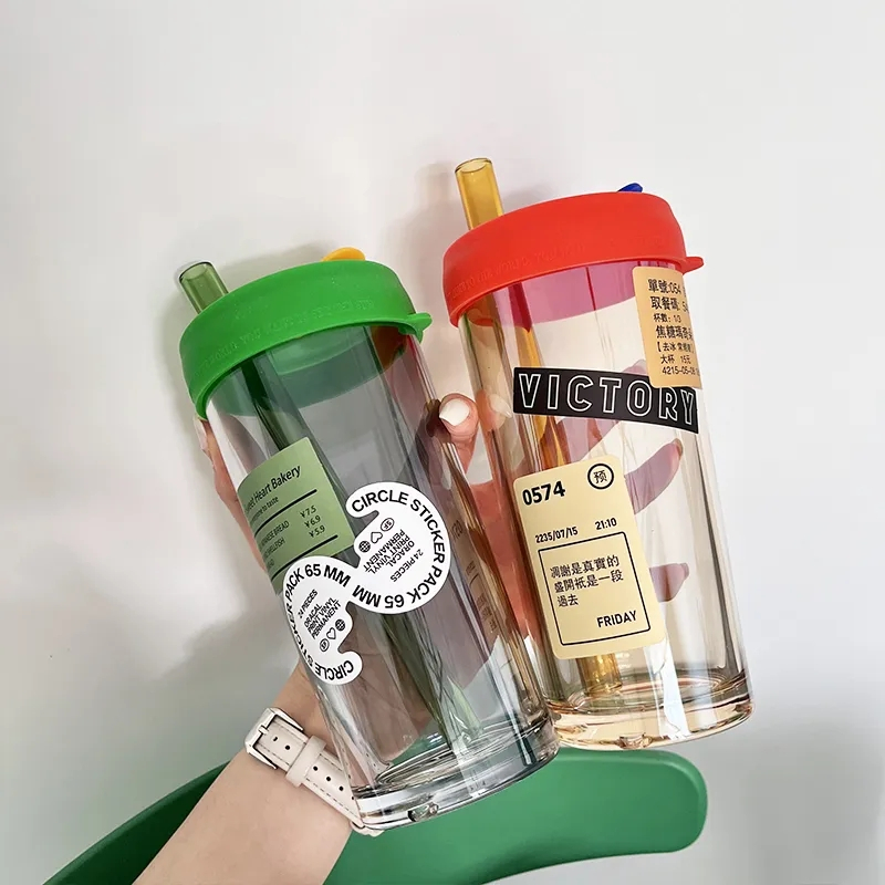 Cốc Uống Nước Bằng Thủy Tinh Dày Dặn Có Ống Hút Tiện Lợi Chất Lượng