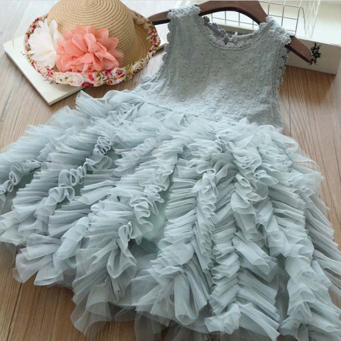 Paulababy Cô gái Hàn Quốc mùa hè không tay thời trang in lưới ponpong đầm