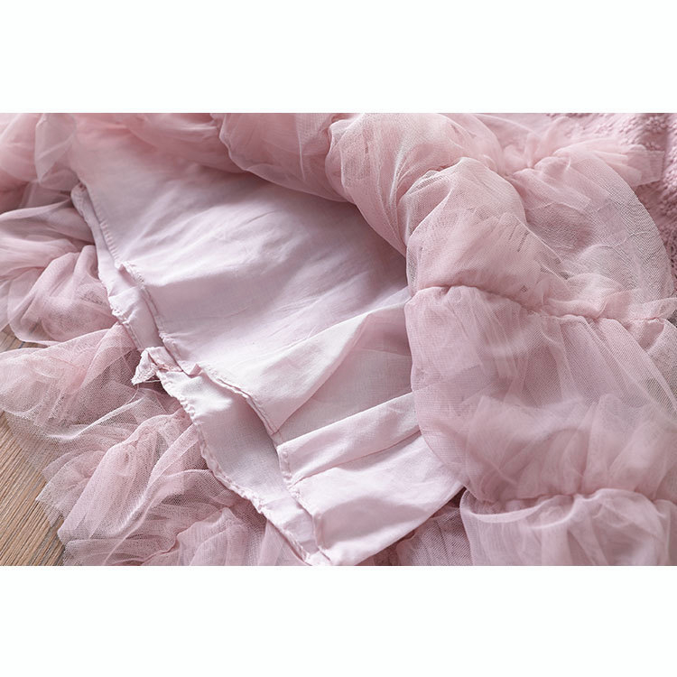 Paulababy Cô gái Hàn Quốc mùa hè không tay thời trang in lưới ponpong đầm