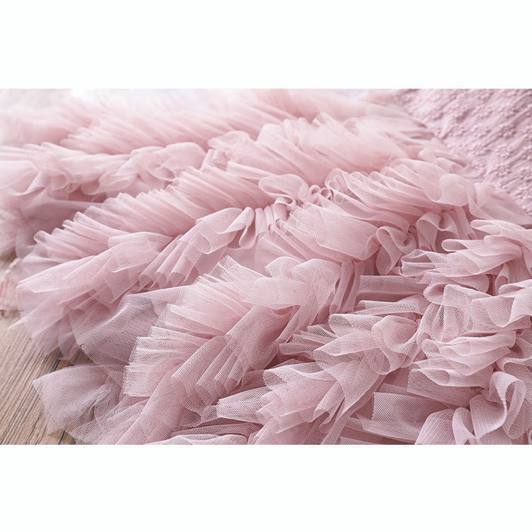 Paulababy Cô gái Hàn Quốc mùa hè không tay thời trang in lưới ponpong đầm