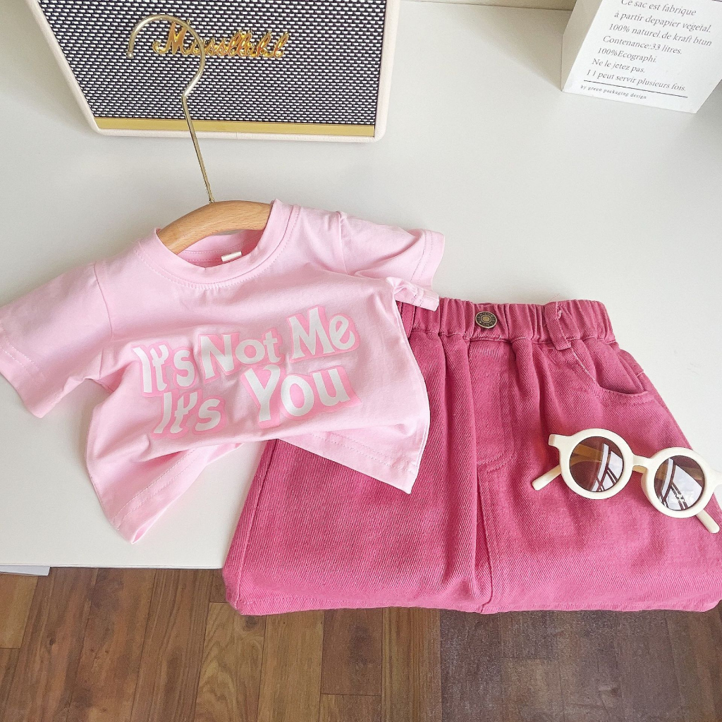 Sun baby Set Áo Thun Tay Ngắn Phối Chân váy jean Thời Trang Hè Xinh Xắn Cho Bé Gái