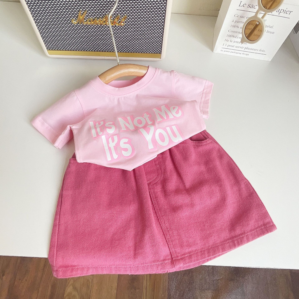 Sun baby Set Áo Thun Tay Ngắn Phối Chân váy jean Thời Trang Hè Xinh Xắn Cho Bé Gái