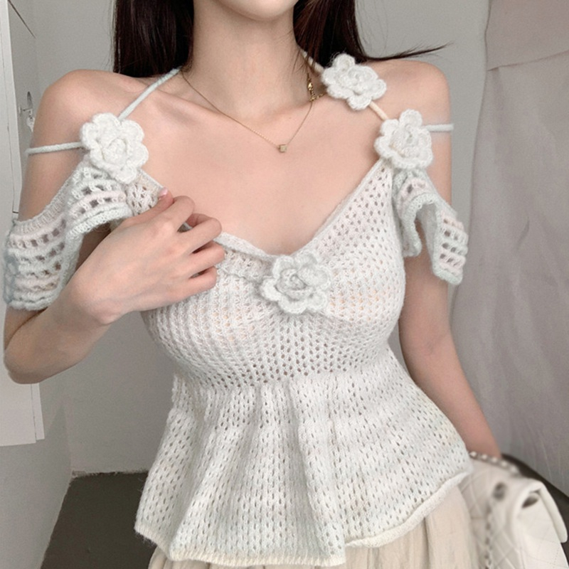 Áo Dệt Kim Trễ Vai Tay Ngắn Màu Sắc Trơn In Họa Tiết Hoa 3D Thời Trang Cho Nữ