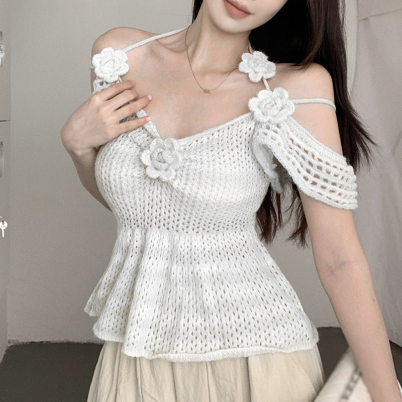 Áo Dệt Kim Trễ Vai Tay Ngắn Màu Sắc Trơn In Họa Tiết Hoa 3D Thời Trang Cho Nữ