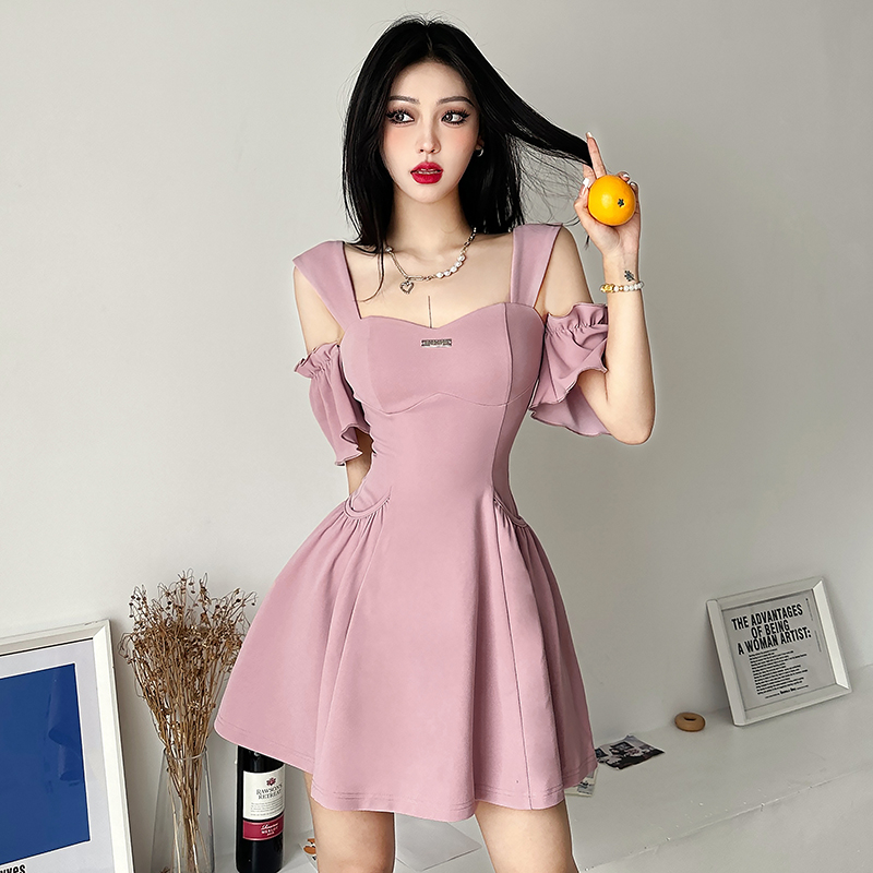 Đầm Ngắn Tay Dáng Chữ A Hở Vai Màu Hồng Ngọt Ngào Dễ Thương Dành Cho Nữ