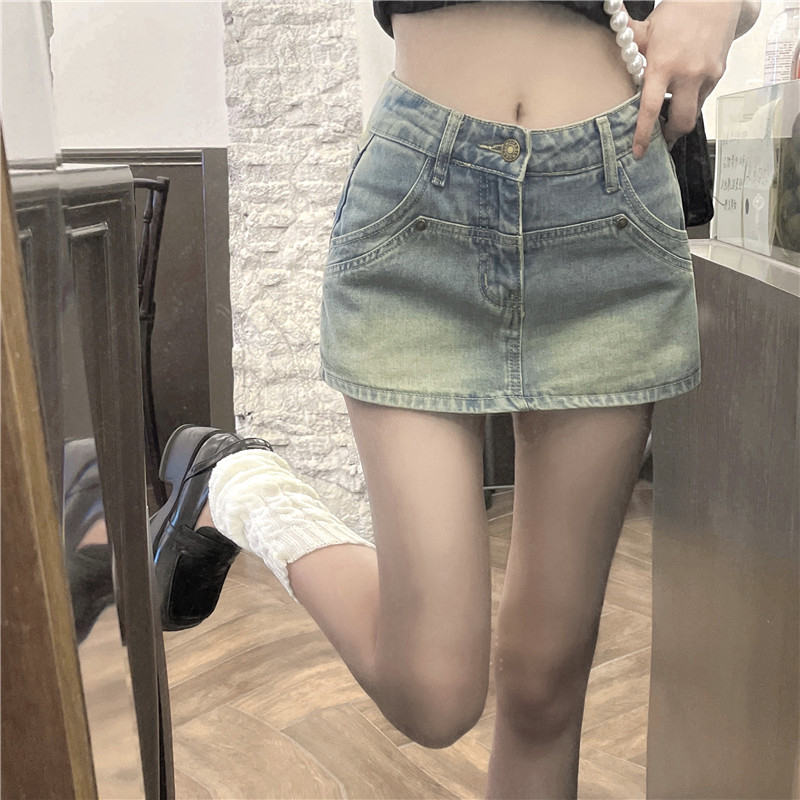 QADCOL áo tay phồng tiểu thư Chân váy jean Chữ A Lưng Cao Phong Cách retro Thời Trang Mùa Hè Hàng Mới Dành Cho Bạn Nữ