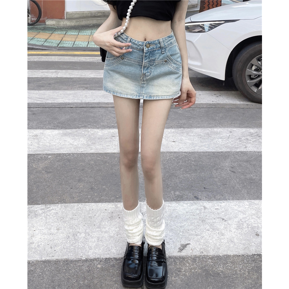 QADCOL áo tay phồng tiểu thư Chân váy jean Chữ A Lưng Cao Phong Cách retro Thời Trang Mùa Hè Hàng Mới Dành Cho Bạn Nữ