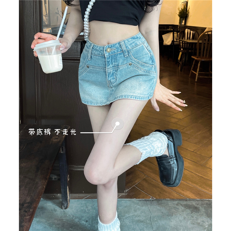 QADCOL áo tay phồng tiểu thư Chân váy jean Chữ A Lưng Cao Phong Cách retro Thời Trang Mùa Hè Hàng Mới Dành Cho Bạn Nữ