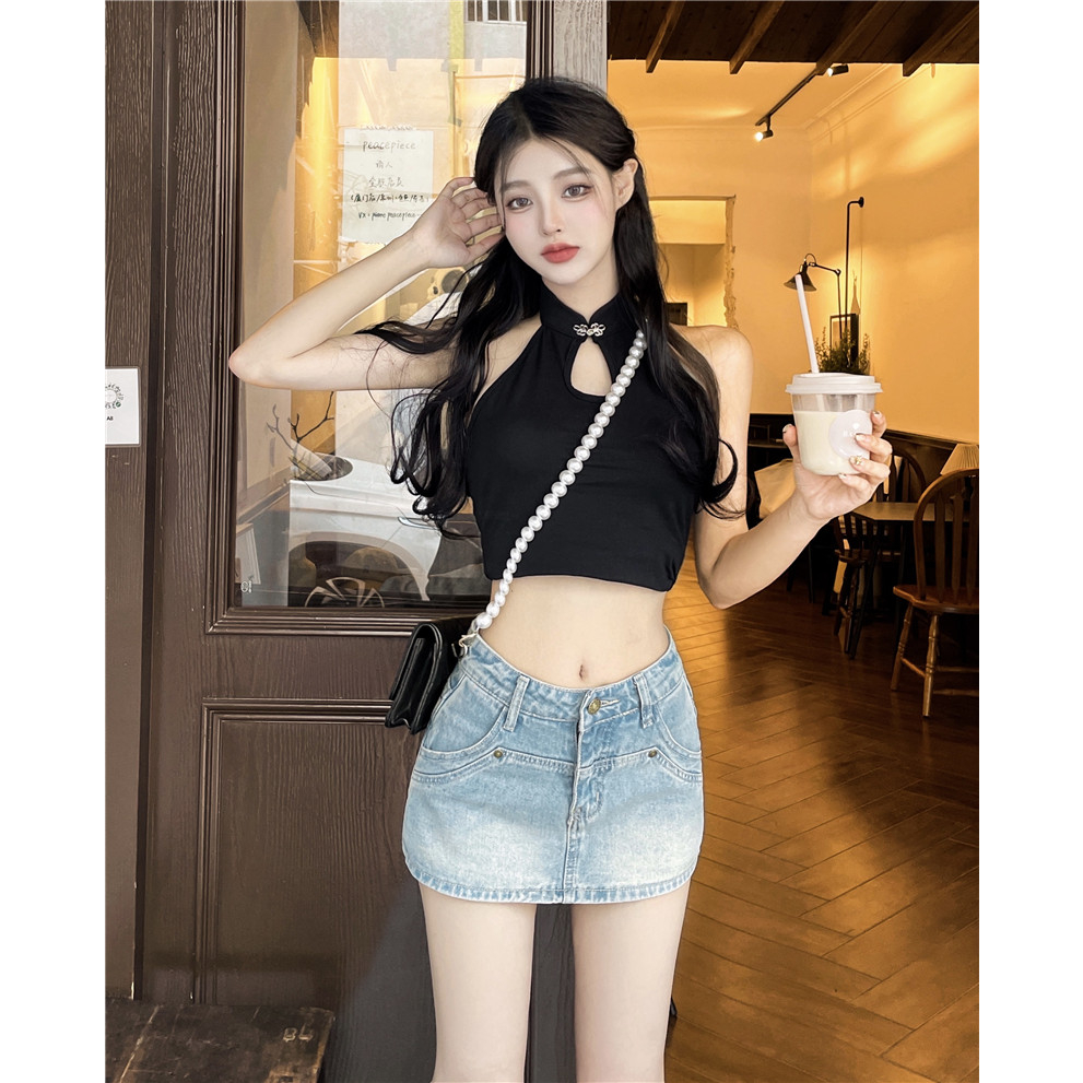 QADCOL áo tay phồng tiểu thư Chân váy jean Chữ A Lưng Cao Phong Cách retro Thời Trang Mùa Hè Hàng Mới Dành Cho Bạn Nữ