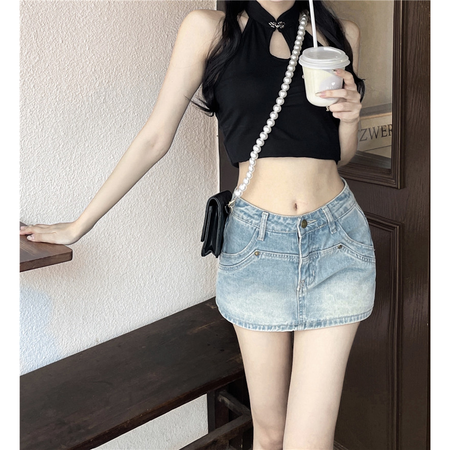 QADCOL áo tay phồng tiểu thư Chân váy jean Chữ A Lưng Cao Phong Cách retro Thời Trang Mùa Hè Hàng Mới Dành Cho Bạn Nữ